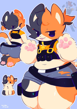 anthro bell bell_collar blue_background bottomwear clothing collar crop_top female fur grey_body grey_fur hair head_tuft kneeling navel orange_body orange_fur pawpads pink_pawpads ponytail shirt shorts simple_background slightly_chubby solo standing tan_body tan_fur thick_thighs tongue tongue_out topwear tuft wide_hips winteriris42 epic_games fortnite cate_meowdy domestic_cat felid feline felis mammal 2025 absurd_res colored_sketch digital_drawing_(artwork) digital_media_(artwork) hi_res sketch