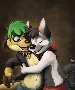 anthro black_clothing black_collar black_nose black_topwear blue_bottomwear blue_clothing blue_eyes blue_pants bottomwear brown_ears clothed clothing collar duo eyes_closed eyewear floppy_ears fur glasses glistening glistening_eyes green_hair grey_body grey_fur grey_hair hair hug kerchief logo male neckerchief neckwear one_eye_closed open_clothing open_mouth open_smile open_topwear pants pink_tongue rectangular_glasses red_bottomwear red_clothing red_kerchief red_neckerchief short_hair simple_background smile tongue topwear white_body white_fur young young_anthro young_male pandapaco canid canine herpestid mammal meerkat artist_logo digital_media_(artwork) digital_painting_(artwork) painting_(artwork) signature