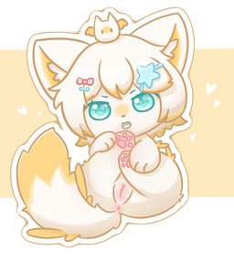anus blue_eyes chibi female feral genitals humanoid_genitalia humanoid_genitalia_on_feral humanoid_vulva humanoid_vulva_on_feral open_mouth pawpads paws presenting presenting_anus presenting_vulva simple_background smile solo tail vulva x_anus yellow_tail xiaoyee_moon hi_res