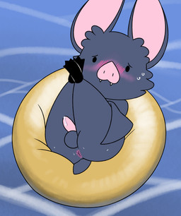 3_toes anthro anus balls blush bodily_fluids butt dripping fangs feet genital_fluids genitals male penis pool_float precum precum_drip presenting presenting_hindquarters solo sweat teeth toes aaron_amethyst batrick_(natural_habitok) bat mammal absurd_res hi_res