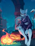 anthro blood bodily_fluids building clothed clothing detailed_background female fire fur grass night outside plant sitting solo text weapon white_body white_fur hydrabb canid canine canis fox mammal wolf 2023 artist_name digital_media_(artwork)