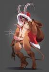 anthro balls blood bodily_fluids brown_balls cat_o'_nine_tails cloak clothing erection genitals gore holidays hooves horn humanoid_genitalia humanoid_penis long_tongue male penis solo text tongue whip furlana christmas krampus bovid caprine goat mammal 2017 digital_media_(artwork) hi_res shaded url