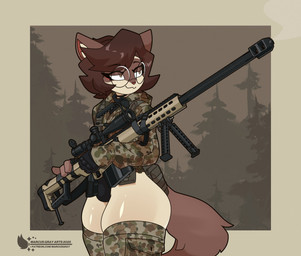anthro camo clothing eyewear femboy glasses gun jacket male ranged_weapon rifle round_glasses sniper_rifle solo standing text topwear weapon marcus_gray fio_(marcus_gray) siamese_cat english_text hi_res url