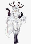 anthro antlers bite_mark black_limbs blood blood_on_hand bodily_fluids choker female fur gold_(metal) gold_jewelry hair horn jewelry necklace nipple_piercing nipples piercing solo white_body white_fur white_hair hahazzar domestic_cat felid feline felis mammal hi_res