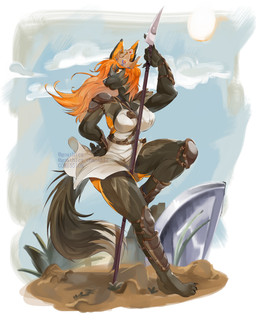 anthro apron apron_only arm_guards armor big_breasts black_body black_fur breasts calf_armor clothing crown female fox_ears fox_tail fur hair hand_on_hip headgear knee_pads leaning_on_object long_hair melanistic melee_weapon mostly_nude orange_body orange_eyes orange_fur orange_hair polearm shoulder_pads solo spear thick_thighs weapon goathics caroline_(fluffygrass) canid canine fox mammal 4:5 absurd_res hi_res
