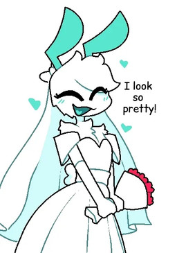 antennae_(anatomy) anthro blush blush_lines bouquet clothed clothing crossdressing dress eyes_closed femboy flower fur hair happy heart_tongue male plant simple_background solo text wedding_dress white_background white_body white_clothing white_fur white_hair white_mouth zyneru zyneru_(character) alien alien_humanoid humanoid