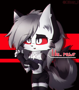 5_fingers anthro armwear black_body black_eyelids black_fur black_nose bottomwear chibi clothed clothing dialogue eyebrows eyelashes eyeshadow female fingers flat_chested fluffy fluffy_tail fur grey_body grey_fur hair legwear long_hair makeup multicolored_body multicolored_fur narrowed_eyes notched_ear open_mouth pupils raised_arm raised_tail red_sclera shorts simple_background slit_pupils solo standing tail talking_to_viewer text topwear white_body white_eyes white_fur white_hair milezy hellaverse helluva_boss mythology loona_(helluva_boss) canid canid_demon canine canis demon hellhound mammal mythological_canine mythological_creature wolf english_text hi_res watermark