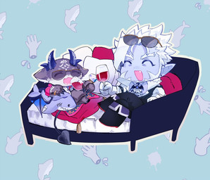 alcohol ambiguous_gender beverage chair clothed clothing container cup cute_fangs diamond_ring drinking_glass duo ear_piercing eyewear facial_hair fangs fur furniture glass glass_container glass_cup grey_body grey_fur hair happy head_markings holding_container holding_cup holding_drinking_glass holding_object holding_wine_glass horn humanoid_pointy_ears male markings membrane_(anatomy) membranous_wings piercing pillow plushie pointy_ears purple_body spade_tail sunglasses tail teeth white_hair wine wine_glass wings ronoz52z nijisanji vtuber debidebi_debiru gilzaren_iii demon vampire