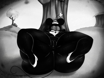 anthro belly big_butt breasts butt clothing female flower footwear genitals grass half-closed_eyes hat headgear headwear high_heels hill huge_butt looking_away lying narrowed_eyes nude on_back plant shoes solo tail thick_thighs tree vulva rabbit5gamer disney minnie_mouse mammal mouse murid murine rodent black_and_white hi_res monochrome