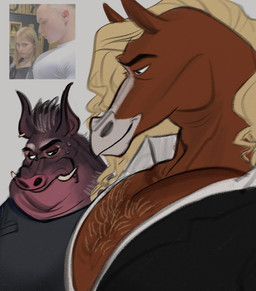 anthro big_muscles big_pecs blonde_hair bodily_fluids body_hair bulletproof_vest chest_hair clothed clothing collared_shirt duo female hair long_hair looking_at_chest looking_down male muscular muscular_male open_clothing open_topwear overweight overweight_female pecs police police_uniform shirt suit_jacket sweat sweatdrop topwear uniform carrot_berry217 disney girl_staring_at_man's_chest zootopia brian_winddancer captain_hoggbottom equid equine horse mammal suid suine warthog absurd_res colored digital_drawing_(artwork) digital_media_(artwork) hi_res meme
