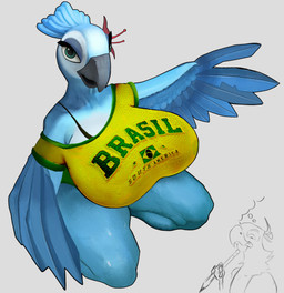 accessory anthro anthrofied beak bent_legs big_breasts blue_body blue_eyes blue_feathers bottomwear bra brazilian_flag breasts claws clothing curvy_figure drawing_(action) duo feathered_crest feathered_wings feathers female feral flower flower_in_hair hair hair_accessory head_crest holding_object hotpants imagination male nipples non-mammal_breasts non-mammal_nipples pencil_(object) petals plant questioning seductive shirt shorts simple_background t-shirt thick_thighs topwear underwear wings crabtopus blue_sky_studios rio_(series) blu_(rio) jewel_(rio) avian bird macaw neotropical_parrot parrot spix's_macaw true_parrot absurd_res hi_res