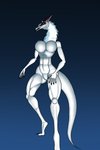 anthro biped black_lips blue_eyes breasts female fur half-closed_eyes horn lips looking_at_viewer nails narrowed_eyes nude nullo pupils simple_background slit_pupils smile solo white_body white_fur white_skin sweetmeat mammal synx 2:3 hi_res