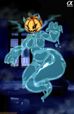 anthro blue_body blue_eyes blue_slime breasts featureless_breasts female food for_a_head fruit horn plant pumpkin pumpkin_head slime solo wide_hips viroveteruscy if_hell_had_a_taste bonnie_boo ghost goo_creature object_head spirit 2025 absurd_res digital_media_(artwork) hi_res