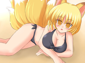 amber_eyes big_breasts bikini black_bikini black_clothing black_swimwear blonde_hair blush breasts cleavage clothed clothing female fox_tail gradient gradient_background hair looking_at_viewer lying multi_tail no_pupils on_side open_mouth side-tie_bikini simple_background skimpy solo string_bikini swimwear tail tight_clothing two-piece_swimsuit white_background yellow_eyes ry_(yagoyago) touhou ran_yakumo animal_humanoid canid canid_humanoid canine canine_humanoid fox_humanoid humanoid mammal mammal_humanoid 4:3