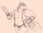 anthro belly bottomwear bracelet clothed clothing denim denim_bottomwear denim_clothing horn jeans jewelry male open_clothing open_shirt open_topwear pants pecs shirt solo topwear chibsarts european_mythology mythology chiderg dragon mythological_creature mythological_scalie scalie western_dragon