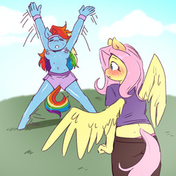 anthro anthrofied big_breasts blush bodily_fluids breasts clothed clothing duo exercise female jumping_jacks nipples outside sweat topless wings currentlytr_ash friendship_is_magic hasbro my_little_pony mythology fluttershy_(mlp) rainbow_dash_(mlp) equid equine mammal mythological_creature mythological_equine pegasus 1:1 absurd_res hi_res
