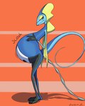 2019 4:5 anthro belly belly_expansion belly_inflation big_belly blue_body bodbloat expansion generation_8_pokemon hand_on_belly hi_res hose hose_inflation inflation inflation_fetish inteleon liquid_inflation male nintendo onomatopoeia poha_(bodbloat) pokemon pokemon_(species) signature simple_background solo sound_effects tail text tube_bulge water_inflation yellow_frill