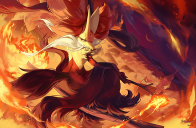 ambiguous_gender anthro black_body black_fur brown_eyes fire fur holding_object inner_ear_fluff looking_back multicolored_body orange_body orange_fur sitting solo stick tail tuft white_body white_fur yellow_body yellow_fur hoishere7 nintendo pokemon pokemon_legends_z-a canid canine generation_9_pokemon mammal mega_delphox mega_evolution pokemon_(species) 2025 absurd_res hi_res signature