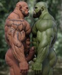 5:6 abs absurd_res beard blizzard_entertainment duo facial_hair fangs garrosh_hellscream genitals geserty green_body green_skin hi_res humanoid humanoid_pointy_ears male male/male nipples not_furry orc pecs penis tattoo teeth vein veiny_muscles veiny_penis warcraft