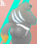 anthro back_muscles barazoku biceps big_butt butt clothing fangs glowing grey_body jockstrap looking_at_viewer looking_back male mostly_nude musclegut muscular muscular_anthro muscular_legs muscular_male presenting presenting_hindquarters rear_view scar simple_background solo standing teeth thick_thighs underwear yellow_eyes tylerstark canid canine canis mammal wolf absurd_res hi_res