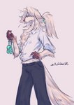 anthro bottomwear clothing fur hair hand_on_hip holding_purse male pants shirt side_view simple_background solo topwear white_body white_fur trololohstuffs jamie_(trololohstuffs) canid canine canis domestic_dog mammal 2021 hi_res