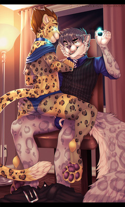 anthro biped black_clothing black_topwear black_vest blue_dress_shirt blue_eyes bulge butt chair clothed clothing collared_shirt detailed_bulge dress_shirt duo feet fluffy fluffy_tail furniture gem glowing glowing_eyes glowing_gem hand_on_butt happy_trance harem_outfit hypnosis hypnotized_male jockstrap male male/male male_anthro markings mind_control necktie on_lap pants_on_floor pantsless pattern_clothing pattern_necktie pattern_topwear pattern_vest pawpads rolled_up_sleeves shirt sitting sitting_on_lap smile smirk smug spots spotted_body striped_clothing striped_necktie striped_topwear striped_vest stripes tail topwear underwear vest yellow_eyes butteredshep ash_(ashkelling) novus felid leopard mammal pantherine snow_leopard 2023 hi_res story story_in_description