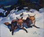 1923 20th_century ambiguous_gender ancient_art black_nose brown_body brown_fur canid canine duo feral fox fur george_hallowell mammal nude oil_painting_(artwork) open_mouth outside painting_(artwork) public_domain quadruped red_fox signature snow tongue tongue_out traditional_media_(artwork) true_fox white_body white_fur