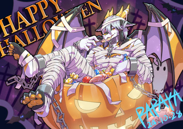anthro claws grey_body grey_hair hair looking_at_viewer male membrane_(anatomy) membranous_wings mummy_costume mummy_wrappings orange_eyes pawpads solo sweets white_body white_claws white_wings wings yellow_pawpads yellow_wings papayafurry mythology dragon mythological_creature mythological_scalie scalie 2024 dated hi_res signature