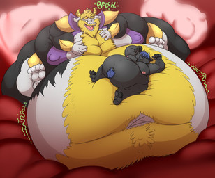 2_horns 2_toes 4_toes 5_fingers anthro beard bed belly big_belly big_moobs black_body black_fur blonde_hair blue_hair body_hair burping crown duo ear_piercing eyes_closed facial_hair feet fingers fur furniture hair happy_trail headgear horn huge_belly huge_moobs hyper hyper_belly hyper_moobs immobile lying male moobs morbidly_obese morbidly_obese_anthro morbidly_obese_male navel nipple_outline nipples obese obese_anthro obese_male on_another on_back on_bed open_mouth overweight overweight_anthro overweight_male piercing pink_nipples pink_tongue sitting toes tongue white_body white_fur eggo21 undertale undertale_(series) asgore_dreemurr boss_monster_(undertale) bovid caprine mammal