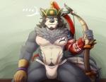 abs anthro biceps biped blush bulge chest_tuft ellipsis fur kemono looking_at_viewer male mongolian mongolian_clothing muscular muscular_anthro muscular_male nipples pecs pubes simple_background sitting solo tattoo tuft h155296 lifewonders tokyo_afterschool_summoners temujin_(tas) canid canine canis mammal wolf 2017