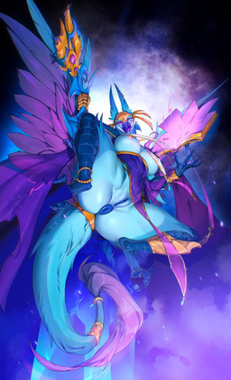 anthro anus areola beak big_breasts blue_body breasts butt clothed clothing feathered_wings feathers female flaming_eyes fur genitals grimoire linked_nipples linked_piercing looking_at_viewer low-angle_view nipples pelvic_curtain puffy_anus skimpy solo tail thick_thighs vulva wings indigochto warhammer_(franchise) ilsetria avian bird chaos_daemon daemon_of_tzeentch demon lord_of_change hi_res