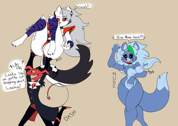 animal_print anthro areola armwear big_breasts black_body black_eyes black_fur black_nose blushing_profusely bouncing_breasts breasts clothing cosplay crossover_cosplay curved_horn curvy_figure dialogue dipstick_tail ear_piercing eyelashes eyeliner female fluffy fluffy_tail fur genitals green_hair grey_body grey_fur grey_hair group hair horn humor legwear long_hair machine makeup male markings nipples notched_ear nude piercing public public_nudity purple_areola purple_armwear purple_body purple_clothing purple_fur purple_hair purple_legwear purple_nipples pussy_floss red_clothing red_eyes red_thong red_underwear spade_tail speech_bubble spread_legs spreading striped_horn stripes tail tail_markings text thick_thighs thong underwear vulva white_body white_fur wide_hips yelling yellow_eyes zebra_print zhenai five_nights_at_freddy's five_nights_at_freddy's:_security_breach hellaverse helluva_boss mythology scottgames steel_wool_studios blitzo_(helluva_boss) loona_(helluva_boss) roxanne_wolf animatronic canid canid_demon canine canis demon hellhound imp mammal mythological_canine mythological_creature robot wolf 2021 crossover english_text hi_res meme father_(lore) parent_(lore)