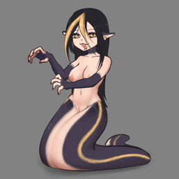 apode areola big_breasts black_hair blonde_highlights breasts ear_piercing female genitals hair highlights_(coloring) inverted_nipples legless long_hair nipples nude piercing scales serpentine solo split_form tongue tongue_out vulva omenocta draconcopode humanoid lamia reptile scalie snake 2d_animation animated motion_tweening