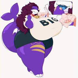 3_toes anthro barefoot bell bell_collar big_breasts biped bottomwear breasts candy closed_smile clothed clothing collar cutaway dessert eyebrows eyes_closed feet female fingers food front_view hair heart_symbol holding_object huge_breasts huge_thighs long_hair markings mouth_closed multicolored_body nipple_outline non-mammal_breasts open_mouth overweight overweight_anthro overweight_female purple_body purple_hair purple_tail shorts simple_background small_wings smile solo standing tail teeth text thick_thighs three-quarter_view toeless_(marking) toes tongue topwear white_background wide_hips wings white_slime_(artist) lua_(switchywitch) aquatic fish shark 1:1 2025 digital_drawing_(artwork) digital_media_(artwork) hi_res