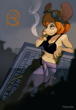 4_fingers anthro blue_eyes bra cigarette clothed clothing eyelashes eyewear eyewear_on_head female fingers goggles goggles_on_head hair jumpsuit matchbox navel pink_nose red_hair smoke smoking solo underwear feliscede chip_'n_dale_rescue_rangers disney gadget_hackwrench mammal mouse murid murine rodent digital_media_(artwork) hi_res shaded