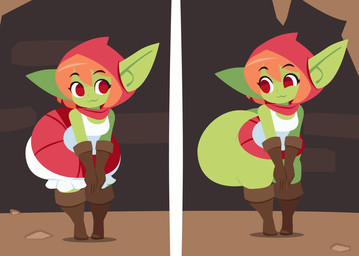 2_panel_comic :3 before_and_after big_butt bloomers boots bottomwear breasts butt butt_expansion clothing dress expansion female footwear gloves green_body hair hands_together handwear hood huge_butt huge_thighs humanoid_pointy_ears hyper hyper_butt medium_breasts not_furry orange_hair pointy_ears red_eyes shirt shoes solo tank_top thick_thighs topwear underwear_removed smuggoblin goblin humanoid 2026 comic digital_drawing_(artwork) digital_media_(artwork)
