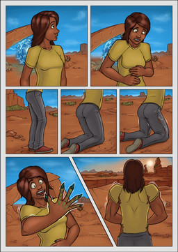 bottomwear breasts brown_hair butt clothing desert female footwear growth hair kneeling landscape muscle_growth open_mouth pants portal shirt shoes solo sun surprised topwear torn_clothing transformation dangercat animal_humanoid human humanoid mammal reptile reptile_humanoid scalie scalie_humanoid 2018 comic hi_res