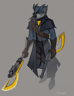 alternate_costume anthro gun holding_gun holding_object holding_ranged_weapon holding_weapon looking_at_viewer male ranged_weapon smile solo weapon rosphix bloodborne fromsoftware sly_cooper_(series) sony_corporation sony_interactive_entertainment sucker_punch_productions sly_cooper mammal procyonid raccoon absurd_res hi_res