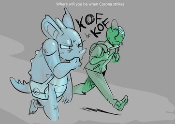 ambiguous_gender anthro clothed clothing cough duo frown mask satchel scared text anonymous_artist covid-19_pandemic nintendo pokemon anon queenie_(shoutingisfun) generation_1_pokemon human mammal nidoqueen pokemon_(species) 2020 absurd_res colored_sketch english_text hi_res sketch