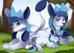 absurd_res arianna_altomare canid conrie eeveelution family female feral generation_4_pokemon glaceon grass group hi_res lying male mammal nintendo plant pokemon pokemon_(species) sleeping tail tree trio