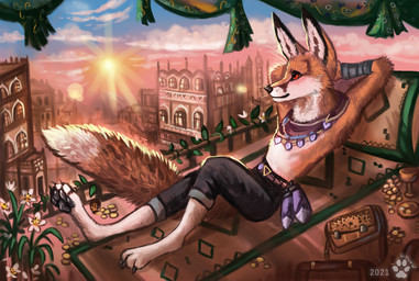4_toes anthro day detailed_background digitigrade feet male outside sky solo sun toes flashw canid canine fox mammal 2021 digital_media_(artwork)