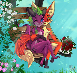 anthro blush chairlift duo female flower fluffy horn hug male plant sitting athena0023 blizzard_entertainment warcraft lura seline_ro canid kobold mammal scalie vulpera hi_res
