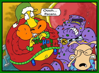 anthro bite_mark black_nose black_outline black_text blush bodily_fluids border bottomwear cake christmas_clothing christmas_headwear christmas_sweater christmas_topwear clenched_hands clenched_teeth clothing dessert facepalm fist food fruit_cake fur green_border green_clothing green_hat green_headwear green_outline group hat headgear headwear holidays male navel on_model orange_mouth outline pants pattern_clothing pattern_shirt pattern_topwear purple_body purple_skin red_bottomwear red_clothing red_pants red_sweater red_topwear santa_hat shirt sitting speech_bubble sweat sweater tan_body tan_fur teeth text topwear trio white_speech_bubble yellow_body yellow_eyes yellow_sclera yellow_skin mightyfilm christmas nickelodeon rocko's_modern_life fruitcake_man heffer_wolfe rocko_rama food_creature macropod mammal marsupial wallaby 2015 dialogue_in_description digital_drawing_(artwork) digital_media_(artwork) english_description english_text hi_res