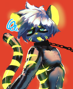 anthro black_ears blep blue_eyes bodily_fluids chain chain_leash clothed clothed_anthro clothed_male clothing glistening glistening_hair glowing glowing_body glowing_ears glowing_eyebrows glowing_nose glowing_stripes glowing_tail hair latex latex_clothing latex_skinsuit leash light male male_anthro markings mouth_closed red_background saliva simple_background skinsuit smile solo striped_markings striped_tail stripes tail tail_markings tight_clothing tongue tongue_out yellow_inner_ear yellow_nose boxwater changed_(video_game) domestic_cat felid feline felis mammal 2025 digital_media_(artwork) digital_painting_(artwork) half-length_portrait hi_res painting_(artwork) portrait