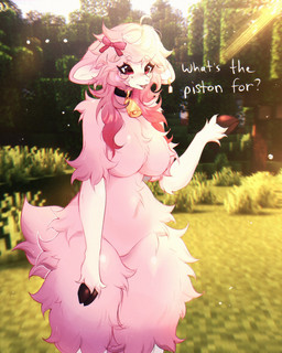 anthro big_breasts breasts collar cowbell ear_piercing ear_tag female fur horizontal_pupils outside piercing pink_body pink_fur pink_wool pupils red_eyes solo thick_thighs wide_hips wool_(fur) ivyuun microsoft minecraft mojang xbox_game_studios bovid caprine mammal sheep hi_res