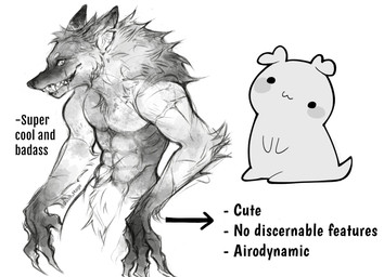 :3 abs ambiguous_gender anthro design_comparison directional_arrow duo looking_at_viewer male scar simple_background sitting text toothy_grin white_background basil_mage canid canine canis domestic_dog mammal wolf artist_name digital_drawing_(artwork) digital_media_(artwork) english_text hi_res monochrome translated