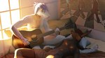 acoustic_guitar anthro bed casual_nudity collar convenient_censorship cosmic_eyes cosmic_hair detailed_background digitigrade duo ethereal_hair floppy_ears furniture guitar light lying male male/male musical_instrument nipples notched_ear nude on_back pillow playing_guitar playing_music plucked_string_instrument realistic_anatomy relaxing scar string_instrument sunset warm_lighting window_light low_battery_(artist) abbey_road the_beatles batts_(character) george_harrison paul_mccartney ringo_starr tzr00 canid canine canis dalmatian dobermann domestic_dog hybrid kangaroo macropod mammal marsupial pinscher 16:9 3d_(artwork) digital_media_(artwork) hi_res lighting painting_(artwork) traditional_media_(artwork) widescreen