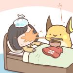 duo ice_bag text rairai-no26-chu nintendo pokemon selene_(pokemon) generation_1_pokemon human mammal pokemon_(species) raichu 1:1 2019 japanese_text low_res translation_request