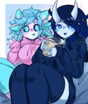 anthro beverage big_breasts black_sclera blue_body blue_eyes blue_hair blue_skin blush blush_lines breasts clothing coffee duo female hair hoodie horn looking_at_viewer multicolored_body open_mouth pink_body sitting smile thick_thighs topwear white_body woebeeme malkah_(ahegaokami) spooky_(ahegaokami) amphibian axolotl horned_humanoid humanoid marine mole_salamander salamander unknown_species absurd_res hi_res