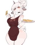 anthro apron apron_only blush breasts clothed clothing female fur hair horn red_eyes simple_background solo white_body white_fur white_hair usa37107692 helltaker goat_lucifer_(helltaker) bovid caprine goat mammal hi_res